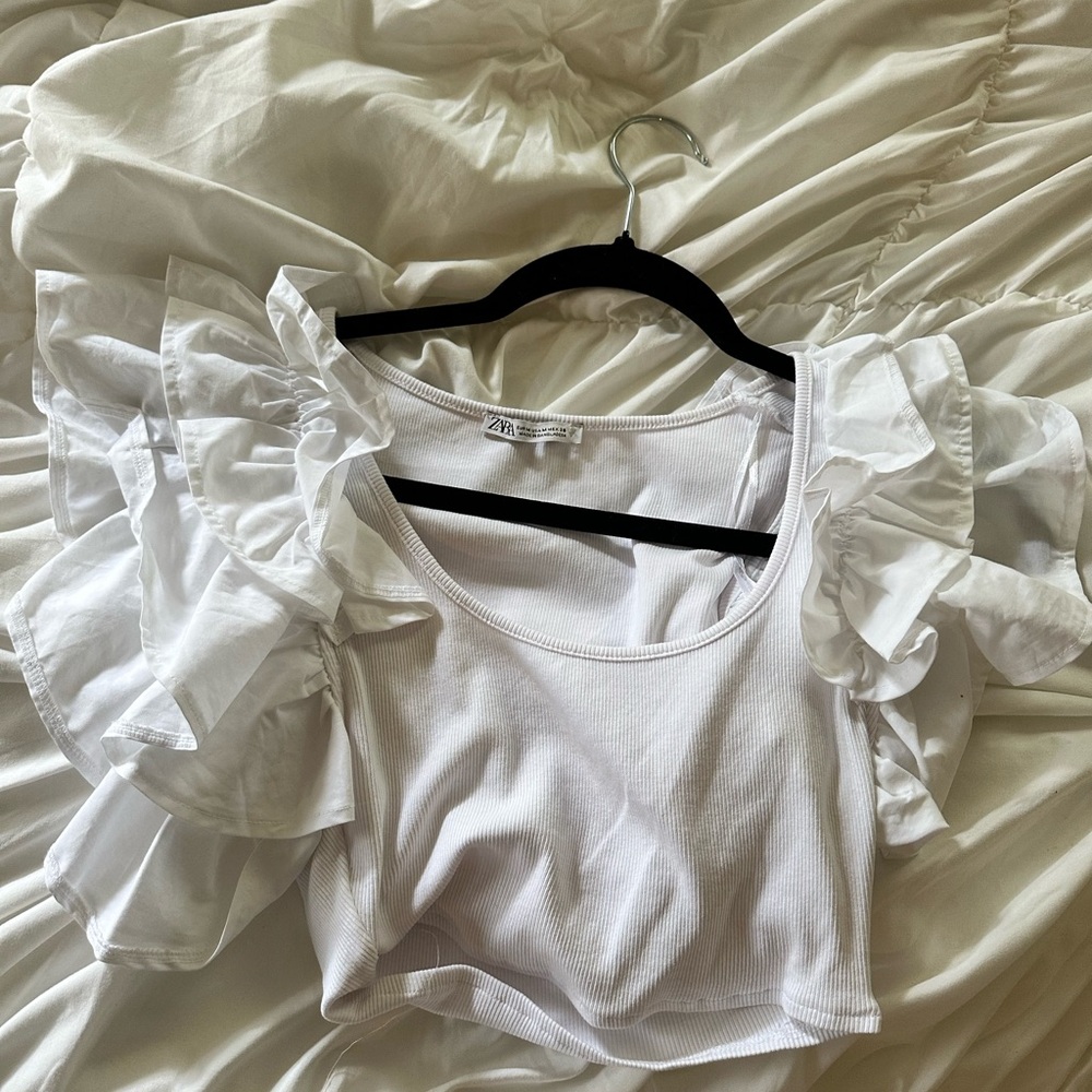Zara White Ruffled Crop Blouse Sleeveless